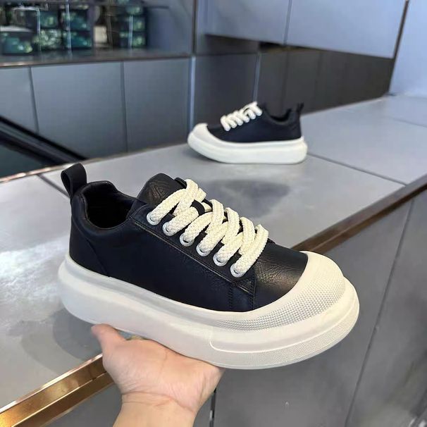 Men's 2025 Winter New Model, Leather Thick-Soled Height-Increasing Lace-Up Sneakers, Simple Stylish, Versatile,_vogvips.com