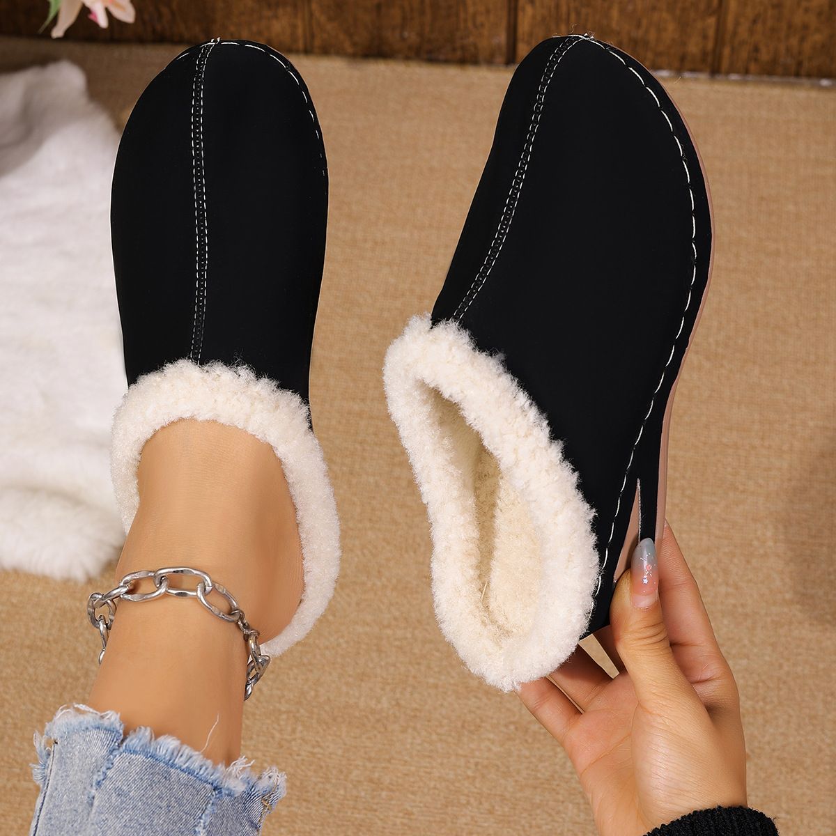 Women's Warm Slip-On House Slippers, Winter Plush Lined Non-Slip Soles, Portable Foldable Home Travel Shoes_vogvips.com