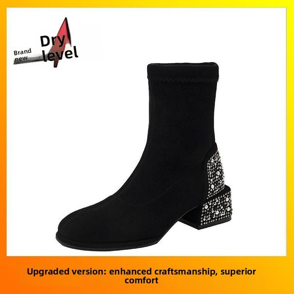 Suede Short Versatile Stretch Sock Boots Shoes For Women 2025 New Korean Style Round Toe Slim Elegant Pearl Rhinestone_vogvips.com