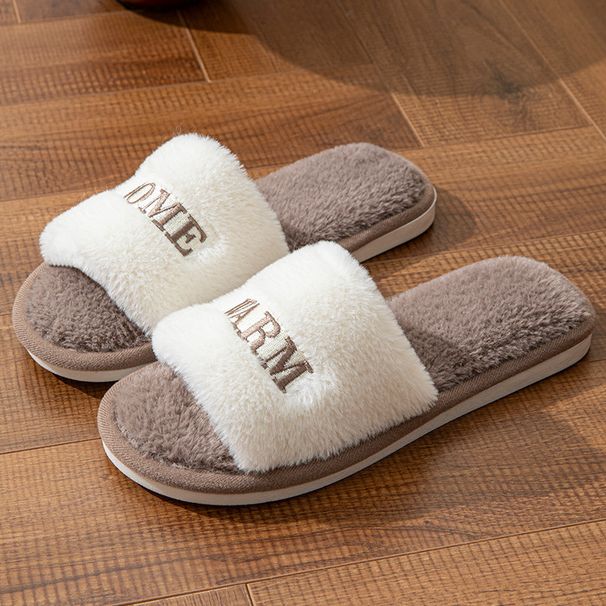 Autumn Winter Small Fragrance Style Letter Embroidery One-Word Cotton Slippers For Women Non-Slip Home Soft Sole Ins_vogvips.com