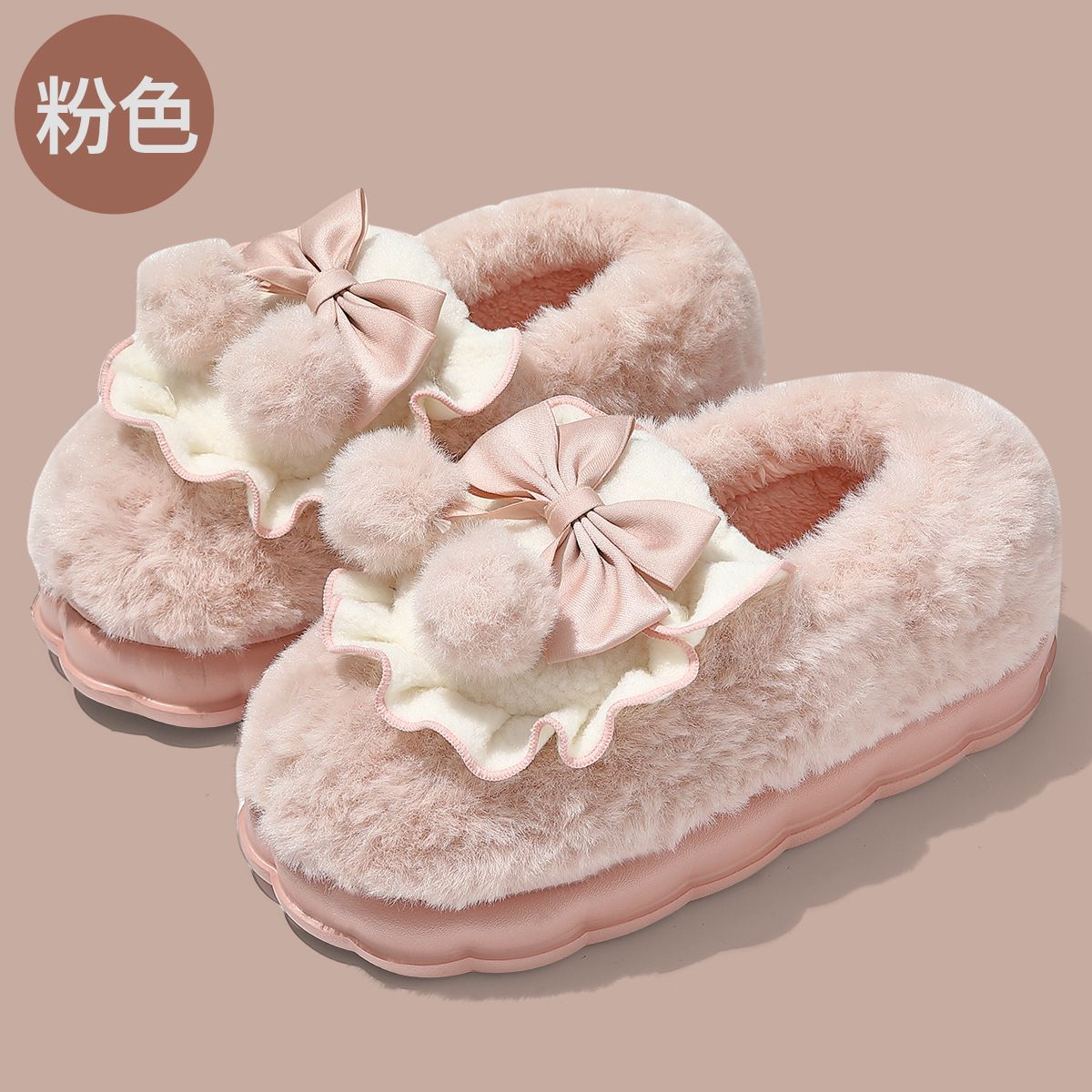 MTX Bowknot Slippers Women 2025 New Indoor Home Non-Slip Fleece-Lined Thickened Plush Cotton Shoes For Men Winter_vogvips.com