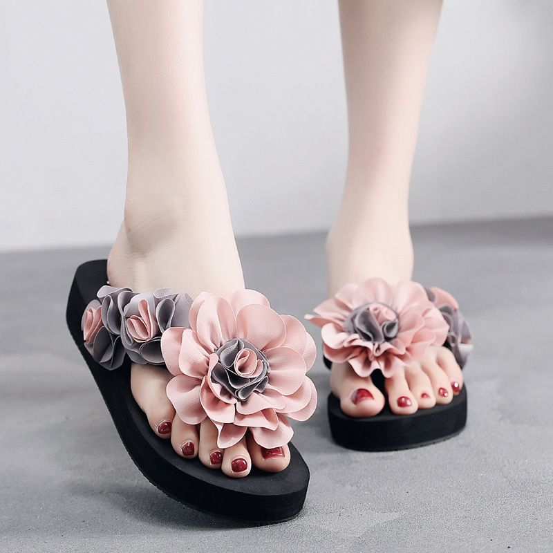 Summer Non-Slip Fashion Outdoor 3cm Floral Flip-Flops Wedge Women's Beach Vacation Slippers_vogvips.com
