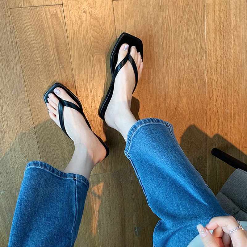 Women's Shoes Summer Herringbone Flip Flops Square Head Cat Heel Outdoor High Heel Sandals For Women_vogvips.com