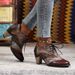 Women Ankle Boots Autumn Winter Short Boots Ethnic Fashion For Women Bohemian Style Lace Up Round Toe Chunky Heel Short Boots F Aux Leather_vogvips.com