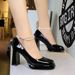 Sweet bow pearl chain chunky heels square toe line with patent leather waterproof platform shoes_vogvips.com