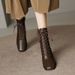 Jinbukang Women's Short High Chunky Heel French Martin Elegant Slim Boots Lace-up Soft Leather Square Toe Cut_vogvips.com
