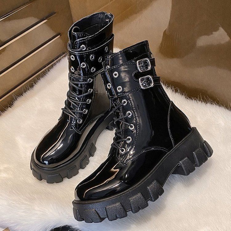 Chunky Platform Women's Combat Boots With Buckle Detail - Winter Warm Lined Round Toe Ankle Boots_vogvips.com