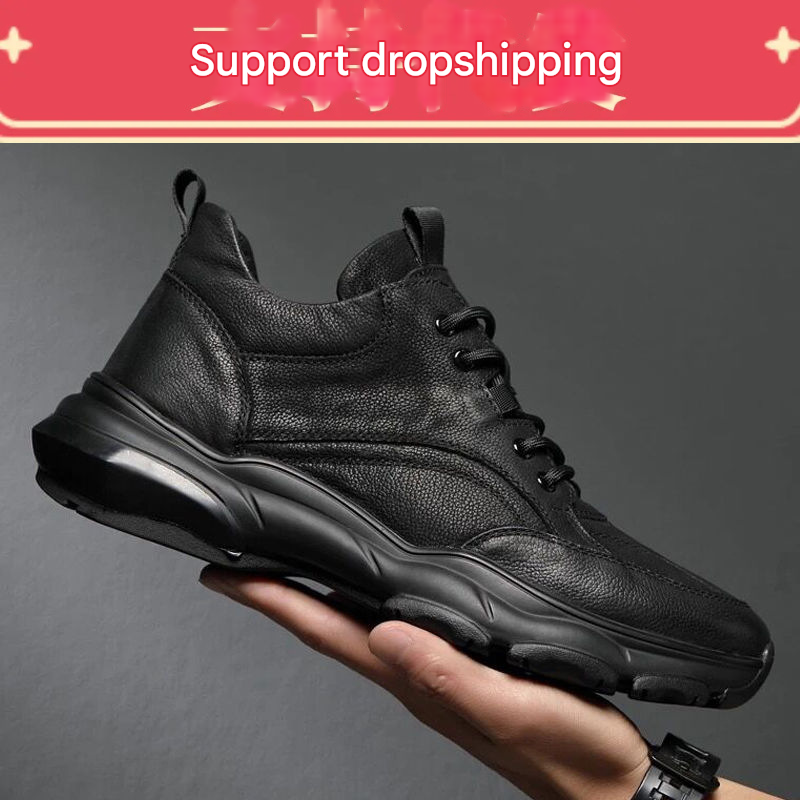 Euro Step Men's Soft Leather Height Increasing Thick Sole New Korean Style Versatile Sports Casual Shoes_vogvips.com