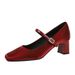 6295 French Small Fragrant Style Square Toe Rhinestone Flat Ribbon Silk Women's Shoes With Thick Mid Heel, Shallow_vogvips.com