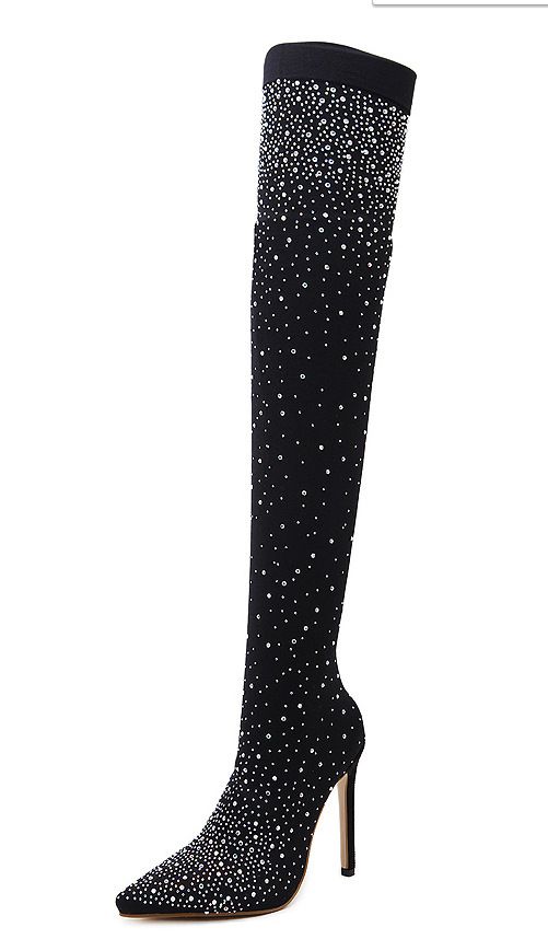 High Heels For Nightclub Pointed Toe Rhinestone Boots Shiny Size 43_vogvips.com