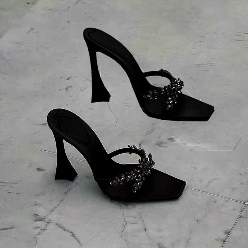 Cross With Rhinestone High Heels, New Crystal Chain Square Head Open-toed Horseshoe Heel, Beautiful Sandals Women's Shoes_vogvips.com