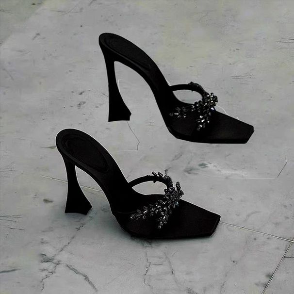 Cross With Rhinestone High Heels, New Crystal Chain Square Head Open-toed Horseshoe Heel, Beautiful Sandals Women's Shoes_vogvips.com