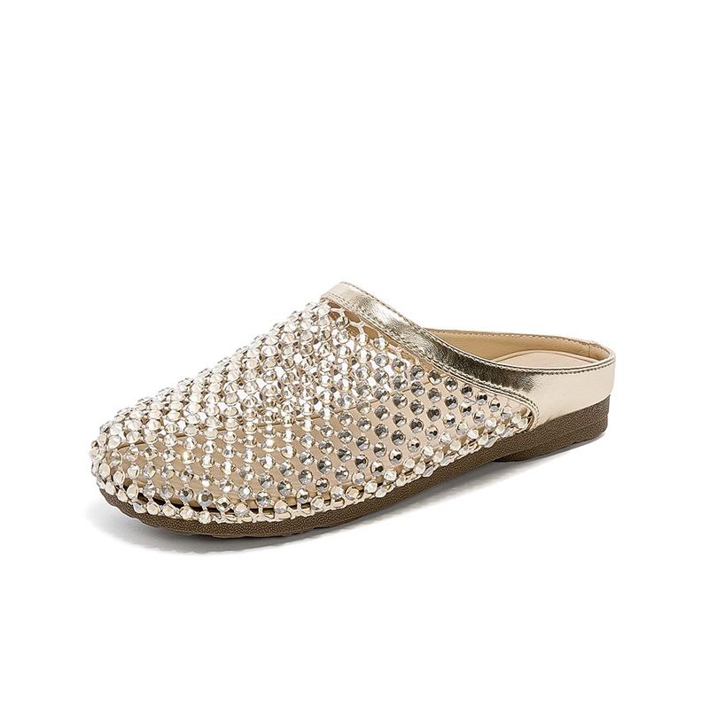 Women's Shoes Rhinestones Slippers Rhinestone Breathable Mesh Hollowed Out Half Slippers Casual Flat Shoes_vogvips.com