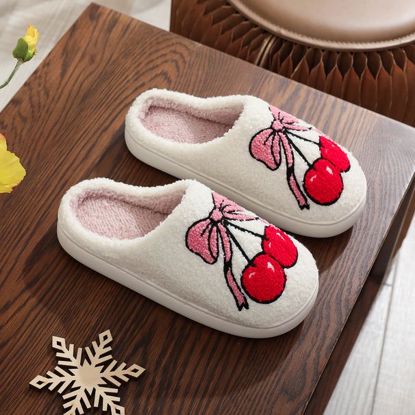 Women's Cozy Fluffy Slippers With Bow And Cherry Print, Non-Slip Indoor House Shoes, Warm Winter Fuzzy Slides For Home Comfort Winter Plush Slippers_vogvips.com