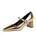 5288-K88 Style Banquet Women's Thick Middle Heel Shallow Mouth Square Head Light Luxury Water Diamond Buckle One Word_vogvips.com