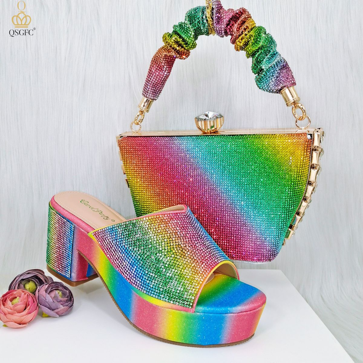 Stylish Party Shoes & Bag Set Bright colored chunky heels for daily commute weddings_vogvips.com