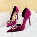 1363-K78 High Heels Slim Heel Shallow Mouth Pointed Side Hollow Thickened Suede Diamond Buckle Bow Single Shoe_vogvips.com