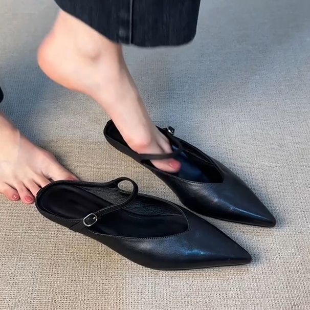 Vintage Open-Toe Shoes For Women With One Strap V-Cut Pointed Toe Sandals Versatile Slip-On Simple Half Slippers_vogvips.com