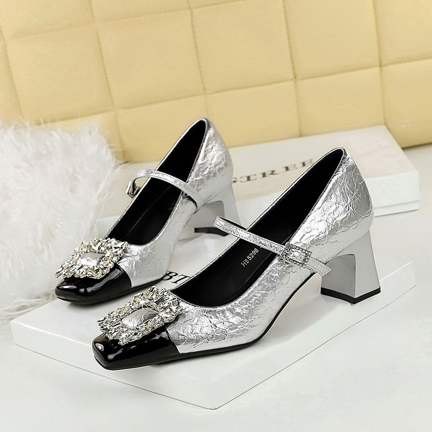 Women's Shoes Mary Jane Crack Stitching Commuter High Heels Medium Heel Thick Heel Square Head Single Shoes_vogvips.com