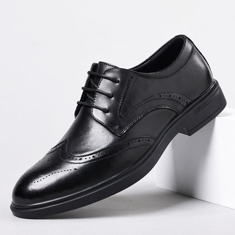 Suitable For All Seasons Men's Brogue Pointed Toe Carved Lace-up Business Formal Genuine Leather British Korean Style Hairstylist Wedding Shoes_vogvips.com