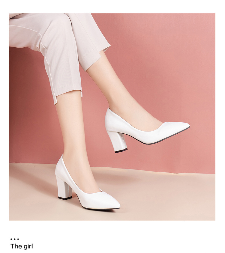 Business Professional High Heels For Women, Formal Pointed Toe Shallow Mouth Single Matte Black Thick Heel Work Shoes,_vogvips.com