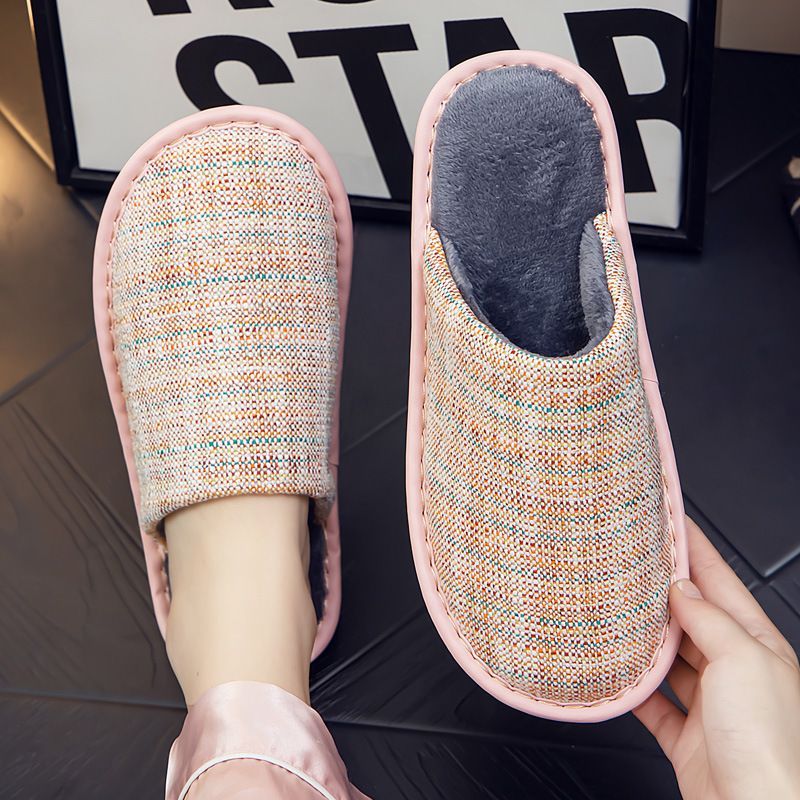 Breathable Linen Surface For Autumn And Winter Home Use, Cotton Slippers With Velvet, Thick Bottom For Indoor Use,_vogvips.com