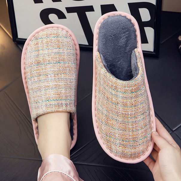 Breathable Linen Surface For Autumn And Winter Home Use, Cotton Slippers With Velvet, Thick Bottom For Indoor Use,_vogvips.com