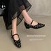 Cameido French Mary Jane Women's Square Toe Rhinestone Strap Mid Heel Dressy Flats_vogvips.com