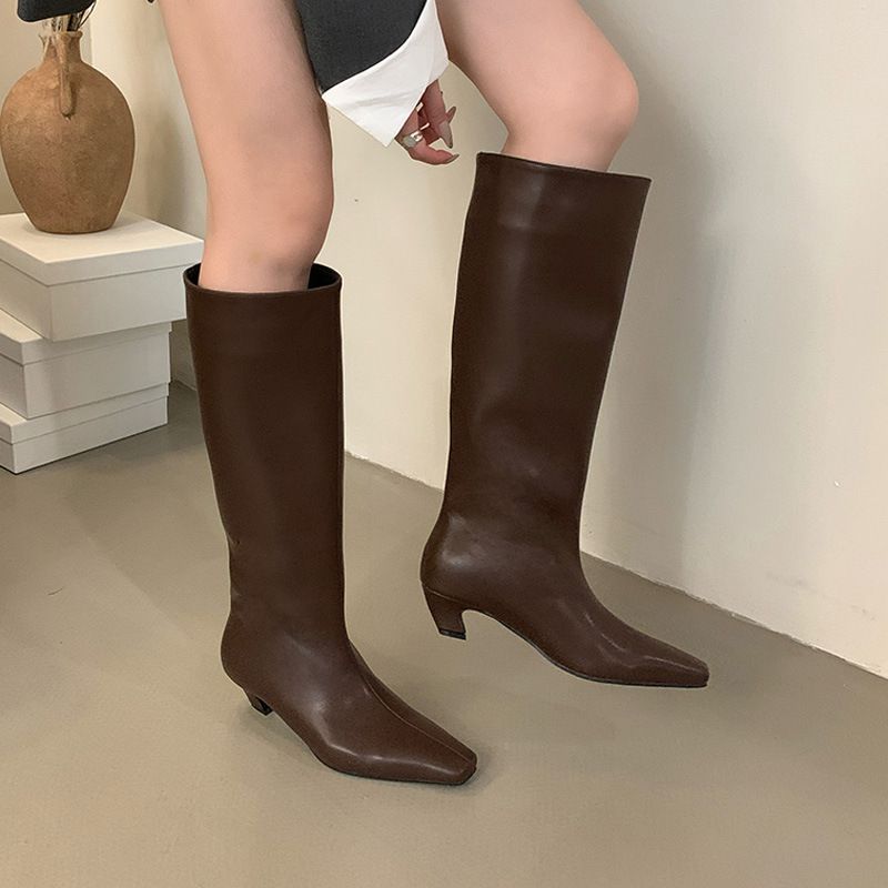 Women's Shoes Retro Boots Spring New Wide Tube Women's Soft Leather Knight Boots Slim Low Heel Not Over The Knee High Boots_vogvips.com