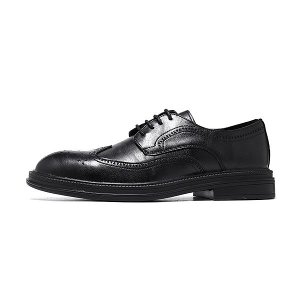 Euro Step 2025 Spring And Autumn New Solid Color Heel British Style Low Top Black Casual Thick Sole Brogue Business Shoes 6151-Q_vogvips.com