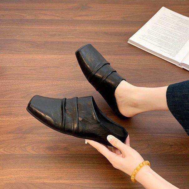 Slip-On Soft Wrinkled Ballet Unisex Mules Square Toe Flat Shoes Commuting Outdoor Wear_vogvips.com
