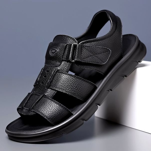 Men’s Pebble Grain Genuine Leather Sport Sandals, Dual Hook Loop Cushioned Platform Walking Sandals_vogvips.com