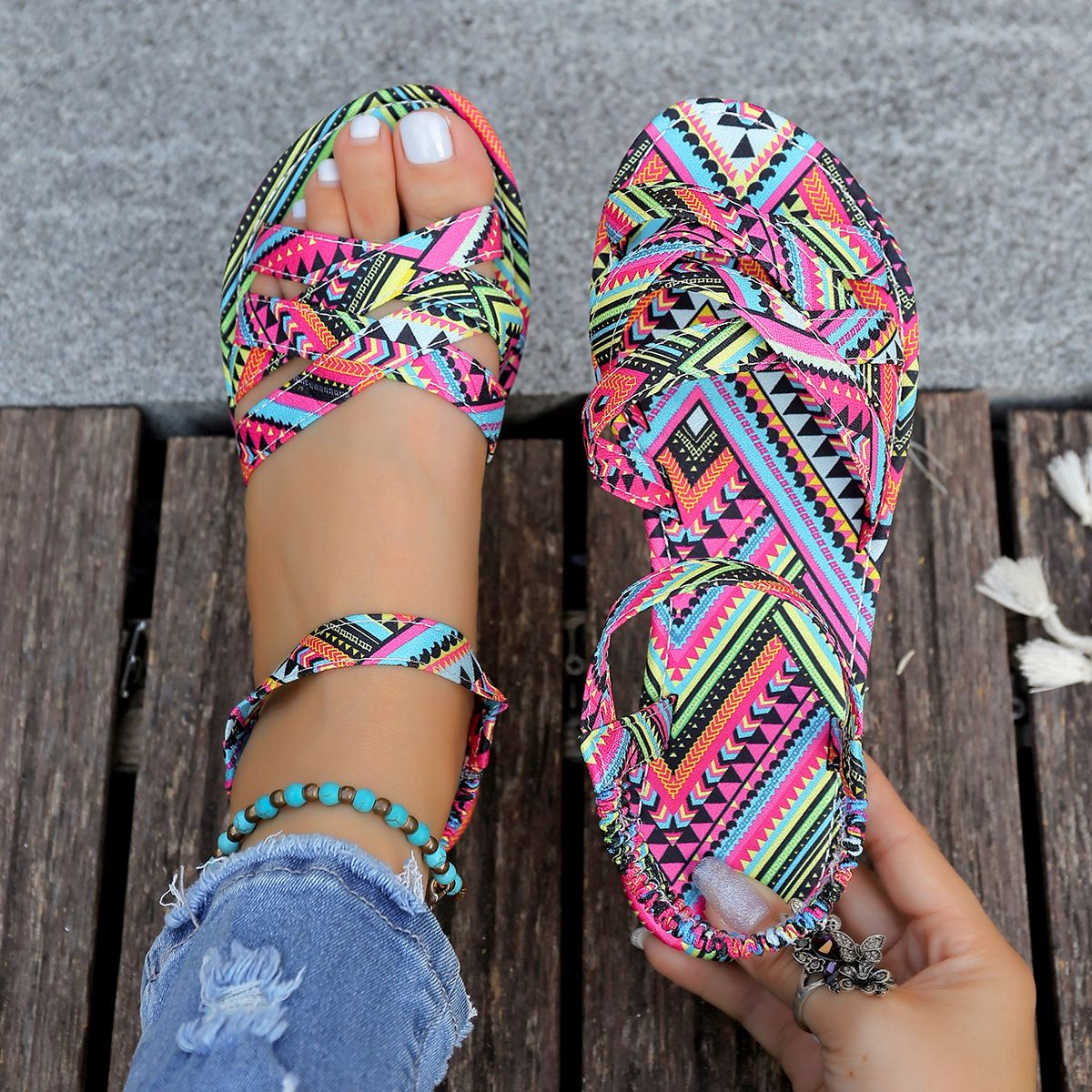 Women's Ethnic Style Printed Flat Open Toe Sandals plus Size Summer Woven Hollow out Beach Sandals_vogvips.com