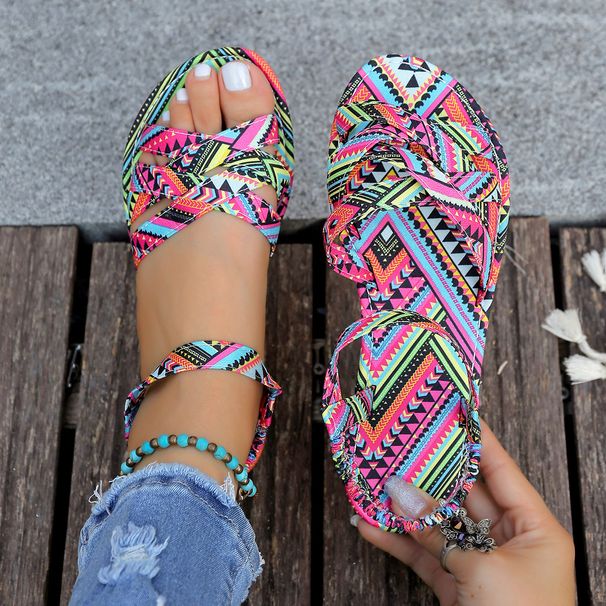Women's Ethnic Style Printed Flat Open Toe Sandals plus Size Summer Woven Hollow out Beach Sandals_vogvips.com