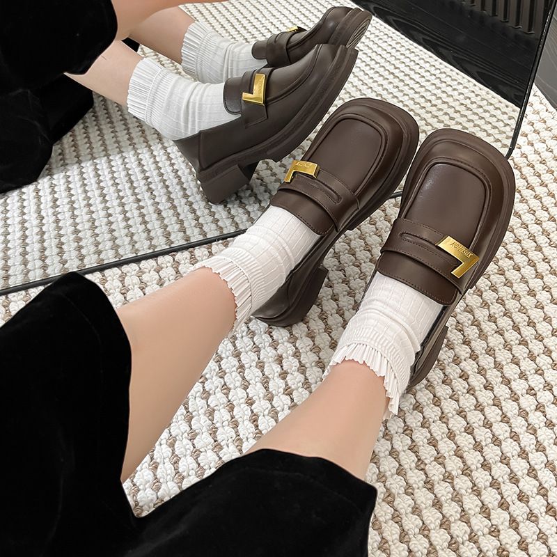 women S Square Small Leather New British Style Thick Heel Single Kick Casual Shoes Versatile_vogvips.com