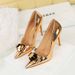 Evening Glam Heels – Patent Leather Stiletto With Metallic Bow (Red Carpet & Ultra High)_vogvips.com