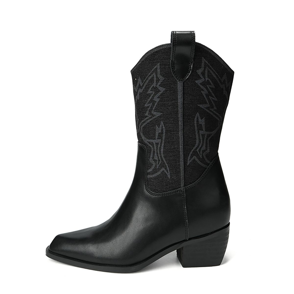 Cowhide ~ Cai Wenjing Same Style V-Cut Small Square Western Cowboy Short Embroidered Pointed Toe Mid-Calf Boots_vogvips.com