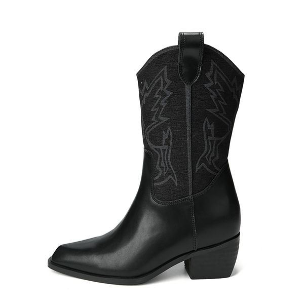 Cowhide ~ Cai Wenjing Same Style V-Cut Small Square Western Cowboy Short Embroidered Pointed Toe Mid-Calf Boots_vogvips.com