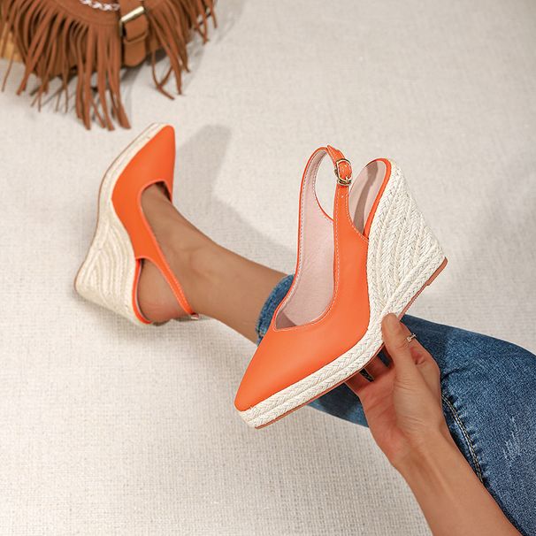Women's Shoes Wedge Heel Thick Sole High Heel Pointed Toe Closed Toe Slippers Women's Shoes With Back Buckle Straw Braided Rope Bottom_vogvips.com