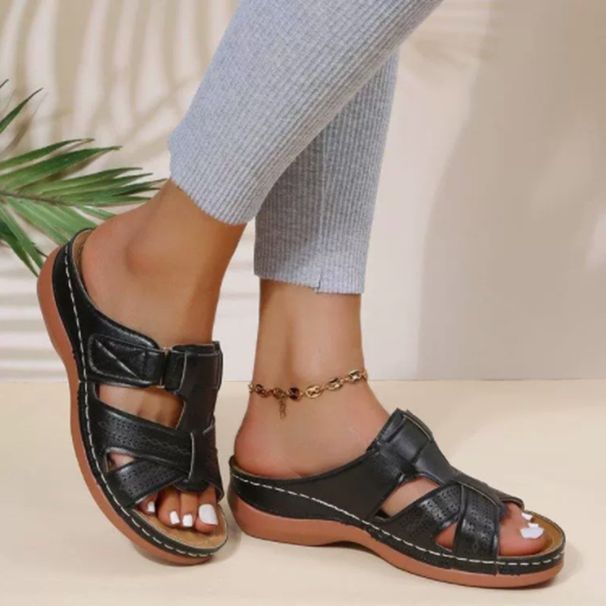 2025 Large-sized Summer Casual Retro Wedge Heel Thick-soled Sewn Shoes, One-line Women's Shoes And Slippers, Fashionable_vogvips.com