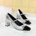Women's shoes diamond-in-line with square head chunky mid-heel leather color patchwork single shoes_vogvips.com