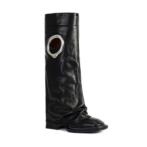 Women's Shoes Spring New Women's Mid Heel High Boots With Hole Design Simple Knight Boots_vogvips.com