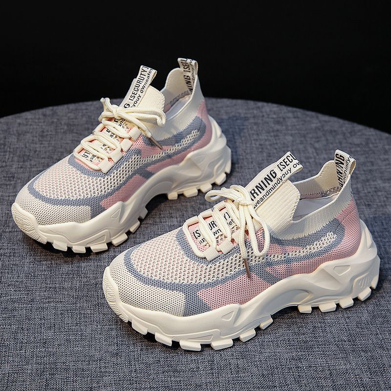 Summer 2024 Women's Flyknit Breathable Mesh Shoes White Trendy Chunky Platform Sports Casual Increase Height Shoes round Toe_vogvips.com