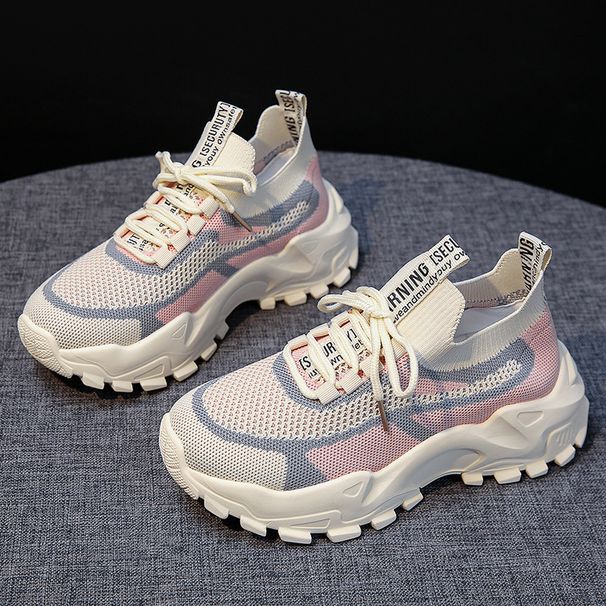 Summer 2024 Women's Flyknit Breathable Mesh Shoes White Trendy Chunky Platform Sports Casual Increase Height Shoes round Toe_vogvips.com