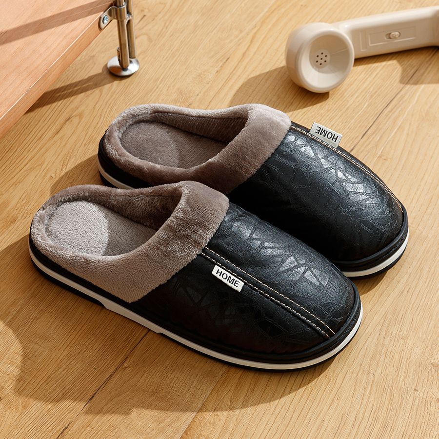 Big Size Winter Casual Men's Slippers Indoor Waterproof PU Leather Home Shoes Fur Flat Warm Fashion Bedroom Houseshoes_vogvips.com