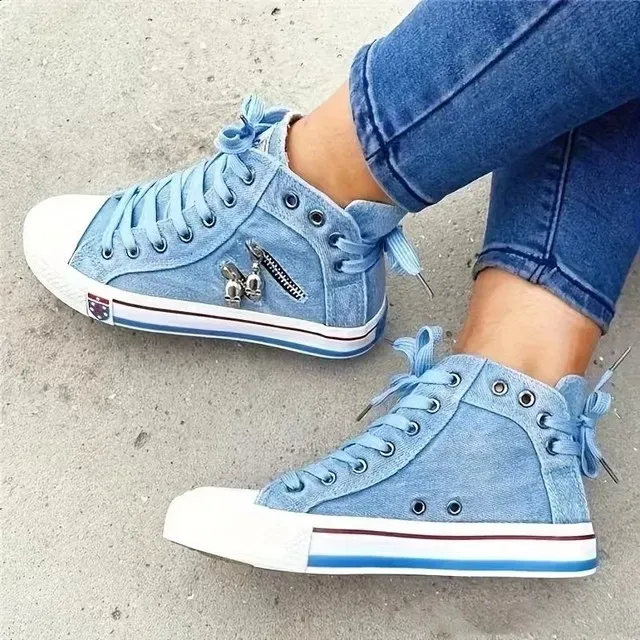 Women New Denim Flat-heel Round Toe Lace-up Skull Metal Decoration High-top Comfortable Fashion Classic Platform Casual_vogvips.com
