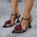 Women's Three-dimensional Lace Flower Pointy Shaped Heels With Sandals Party Burgundy Heels_vogvips.com