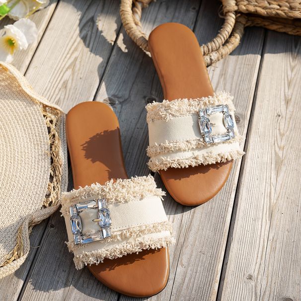 Summer New Style Flat Soled Tassel Square Buckle Beach Sandals Women's Open Toe Fabric Flip Flops Size 44_vogvips.com