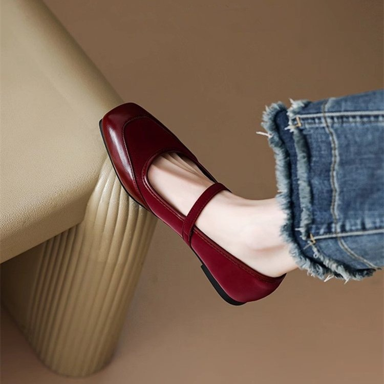 French-style Women's Flat Shoes, 2025 Autumn New Vintage Square-toed Shallow Mary Jane Shoes With A Single Strap_vogvips.com