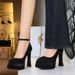 Round Head Satin One-word Strap High Heels, Light Mouth Waterproof Table Thick Heel Women's Shoes, Super High Heel Single Shoes Women_vogvips.com